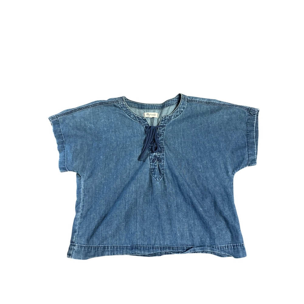 Madewell Women's Blue Denim Lace-Up Short Sleeve‎ Casual Top Blouse Size M Boho